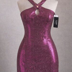 long sequin homecoming dresses Hot Pink Sequins Bow Bust Long Sleeves Cut-Out Homecoming Dress Hot Pink / Custom Size